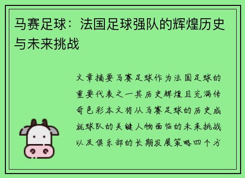 马赛足球：法国足球强队的辉煌历史与未来挑战