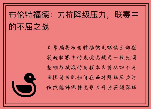 布伦特福德：力抗降级压力，联赛中的不屈之战