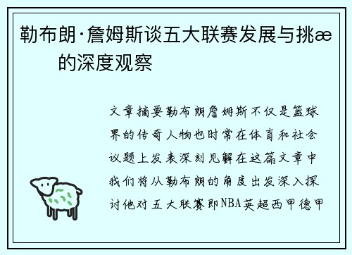 勒布朗·詹姆斯谈五大联赛发展与挑战的深度观察